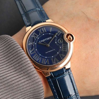 Cartier 18K Gold 42MM Mechanical Movement Crocodile Leather Bracelet Blue Men's Replica Watches  with Fast US Shipping